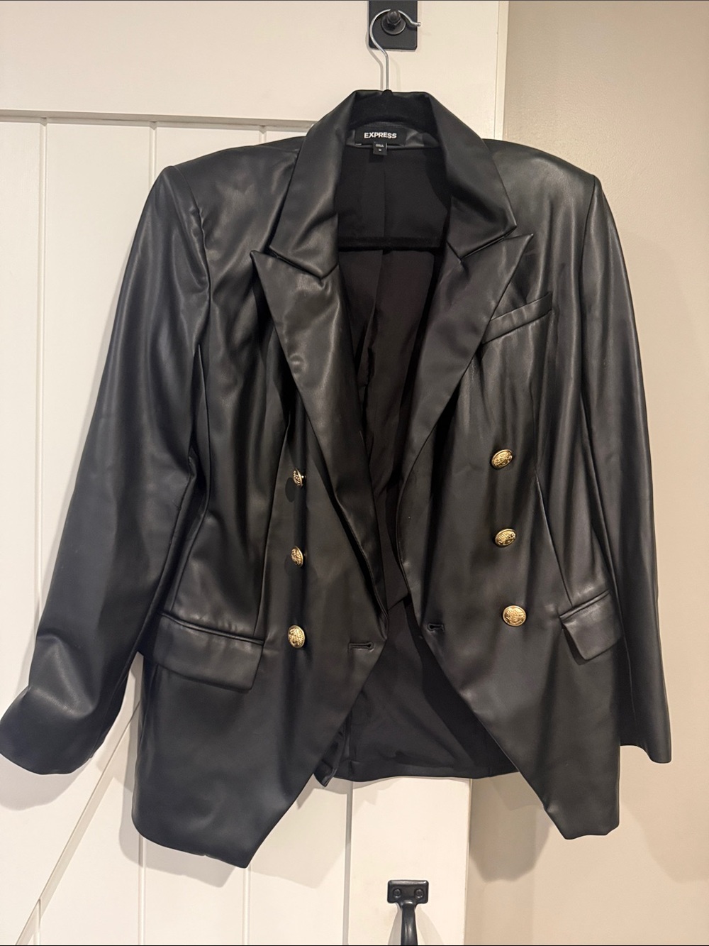 Express Black Faux Leather Double-Breasted Blazer with Gold Buttons - Picture 1 of 1